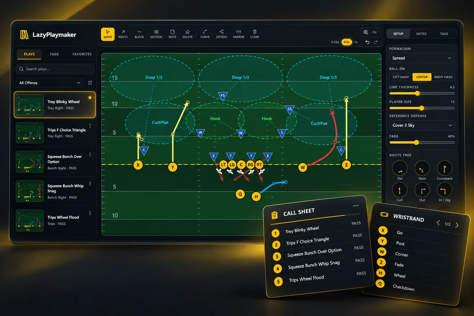 LazyPlaymaker product illustration showing an offensive play against Cover 3, with call sheet and wristband previews